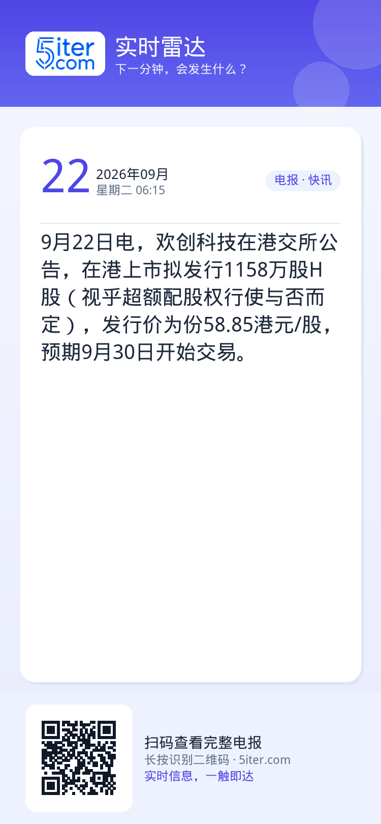 9月22日电，欢创科技在港交所公告，在港上市拟发行1158万股H股（视乎超额配股权行使与否而定），发行价为份58.85港