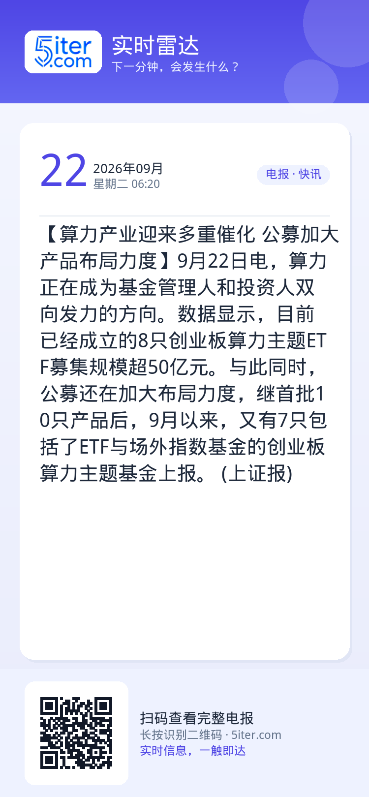 【算力产业迎来多重催化 公募加大产品布局力度】9月22日电，算力正在成为基金管理人和投资人双向发力的方向。数据显示，目前