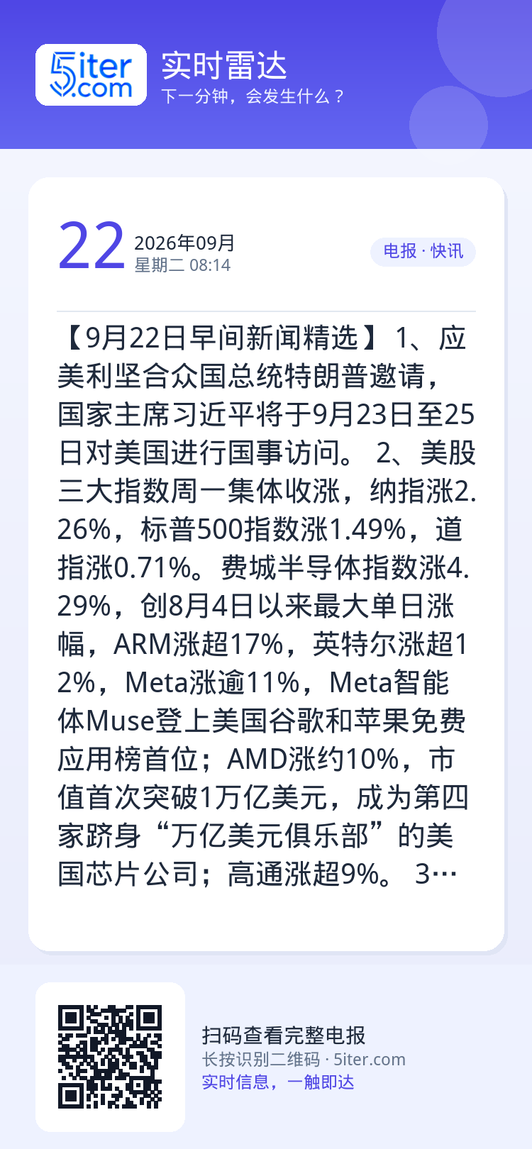 【9月22日早间新闻精选】
1、应美利坚合众国总统特朗普邀请，国家主席习近平将于9月23日至25日对美国进行国事访问。 