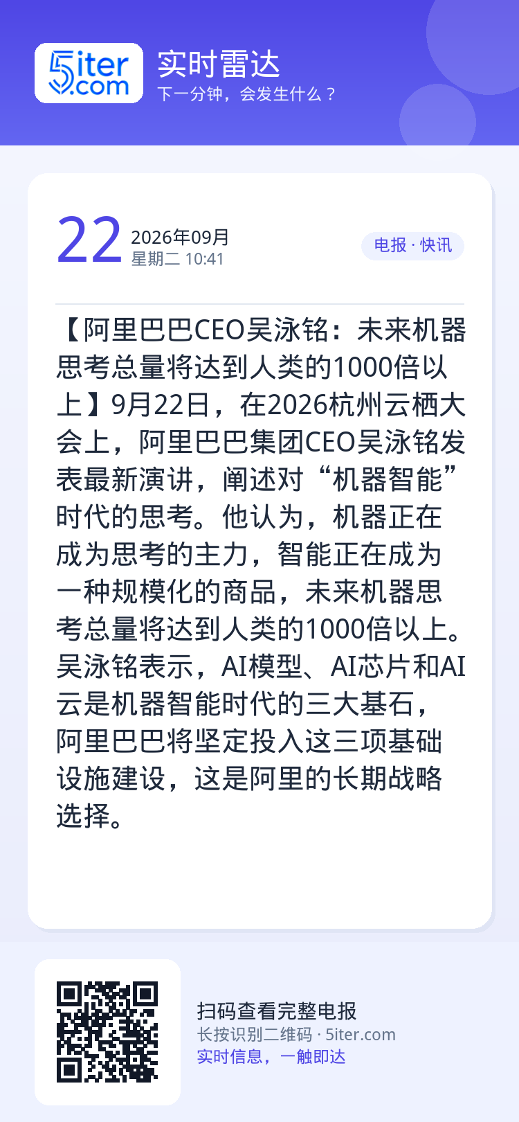 【阿里巴巴CEO吴泳铭：未来机器思考总量将达到人类的1000倍以上】9月22日，在2026杭州云栖大会上，阿里巴巴集团C