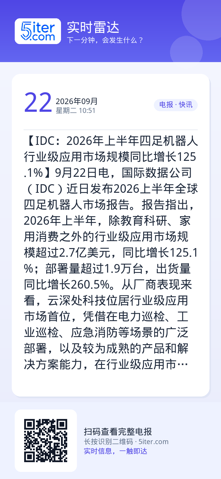 【IDC：2026年上半年四足机器人行业级应用市场规模同比增长125.1%】9月22日电，国际数据公司（IDC）近日发布