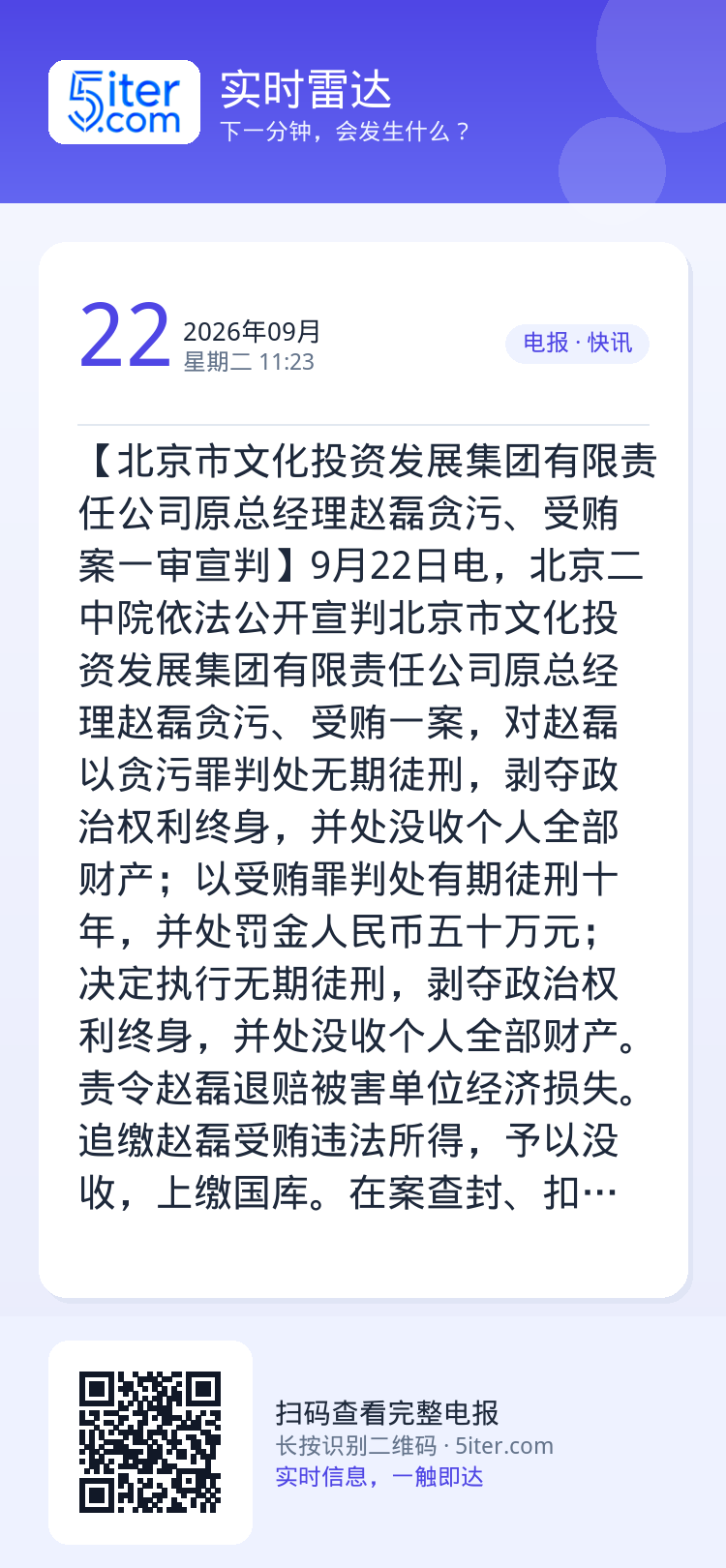 【北京市文化投资发展集团有限责任公司原总经理赵磊贪污、受贿案一审宣判】9月22日电，北京二中院依法公开宣判北京市文化投资