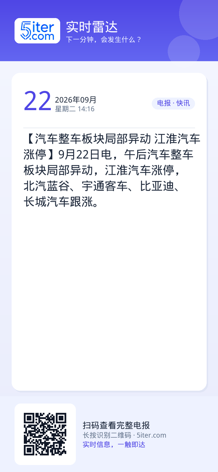 【汽车整车板块局部异动 江淮汽车涨停】9月22日电，午后汽车整车板块局部异动，江淮汽车涨停，北汽蓝谷、宇通客车、比亚迪、