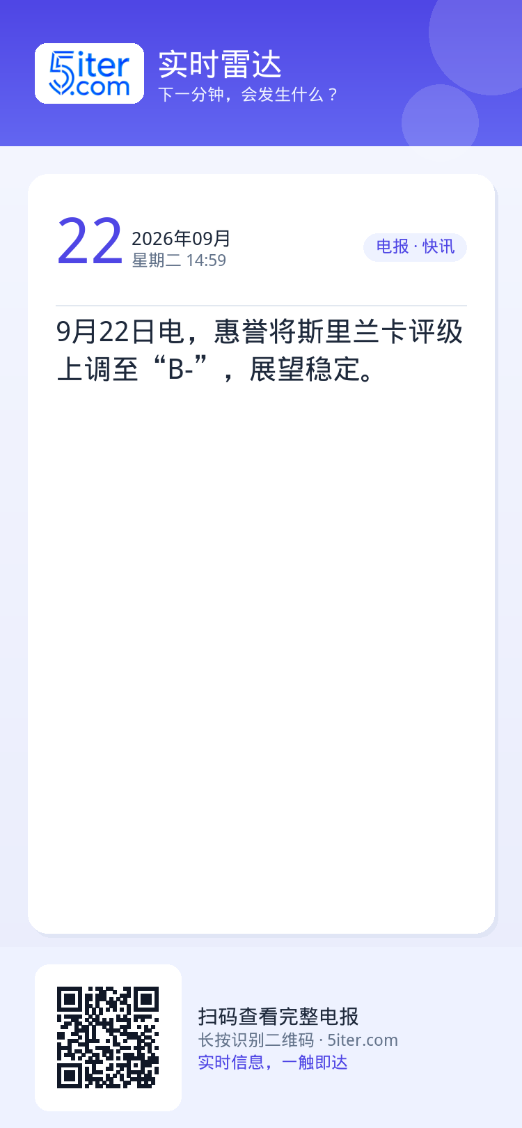 9月22日电，惠誉将斯里兰卡评级上调至“B-”，展望稳定。