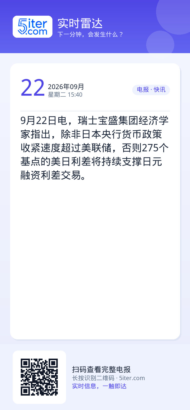 9月22日电，瑞士宝盛集团经济学家指出，除非日本央行货币政策收紧速度超过美联储，否则275个基点的美日利差将持续支撑日元