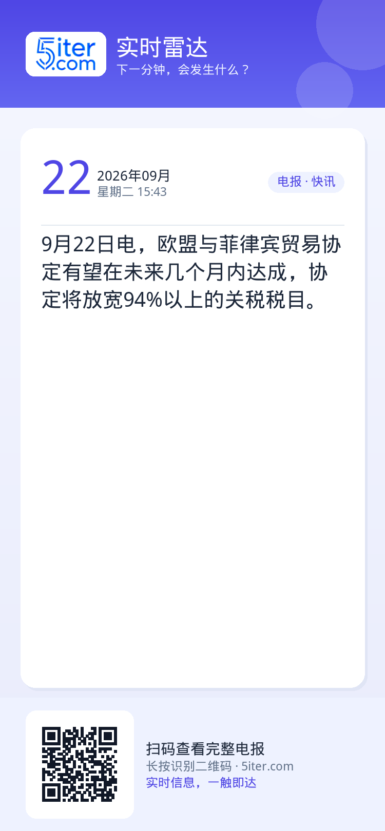 9月22日电，欧盟与菲律宾贸易协定有望在未来几个月内达成，协定将放宽94%以上的关税税目。