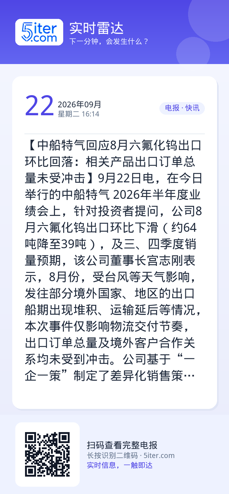 【中船特气回应8月六氟化钨出口环比回落：相关产品出口订单总量未受冲击】9月22日电，在今日举行的中船特气 2026年半年