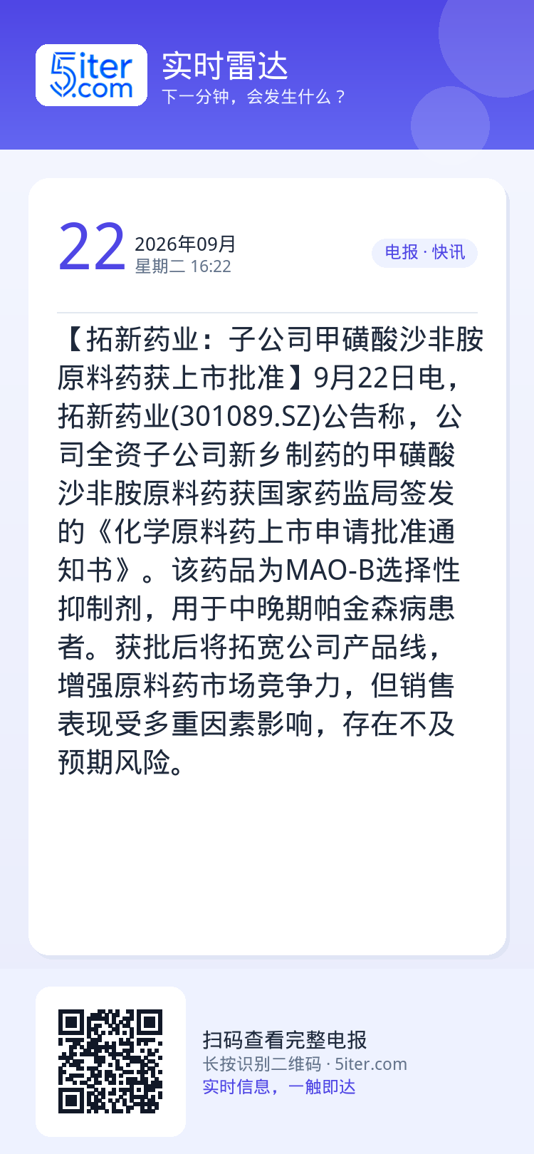【拓新药业：子公司甲磺酸沙非胺原料药获上市批准】9月22日电，拓新药业(301089.SZ)公告称，公司全资子公司新乡制