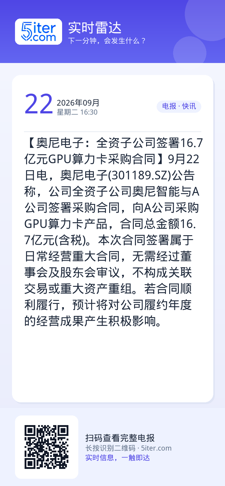 【奥尼电子：全资子公司签署16.7亿元GPU算力卡采购合同】9月22日电，奥尼电子(301189.SZ)公告称，公司全资