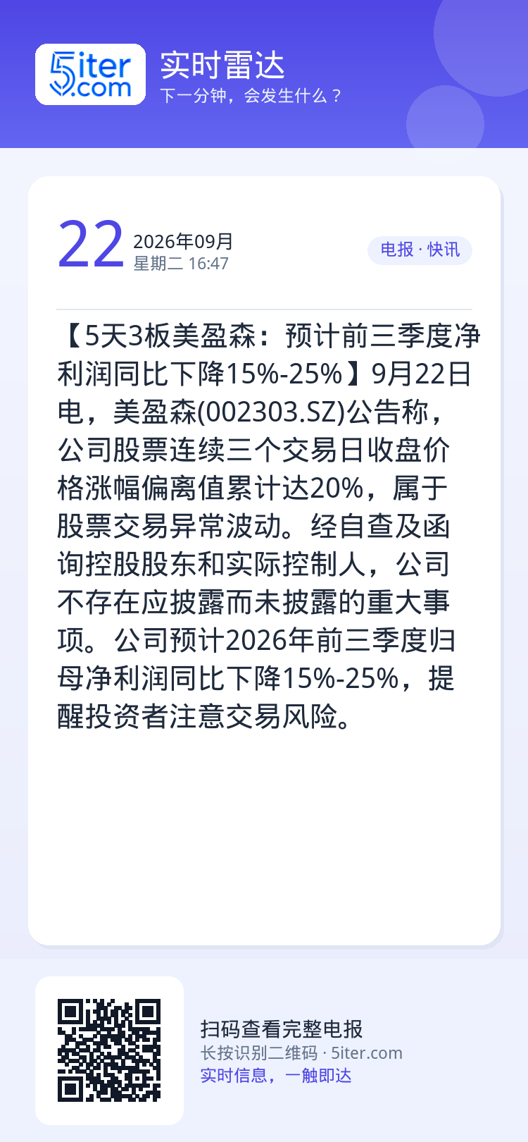 【5天3板美盈森：预计前三季度净利润同比下降15%-25%】9月22日电，美盈森(002303.SZ)公告称，公司股票连