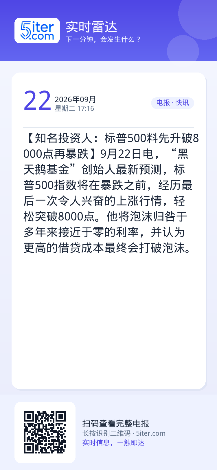 【知名投资人：标普500料先升破8000点再暴跌】9月22日电，“黑天鹅基金”创始人最新预测，标普500指数将在暴跌之前