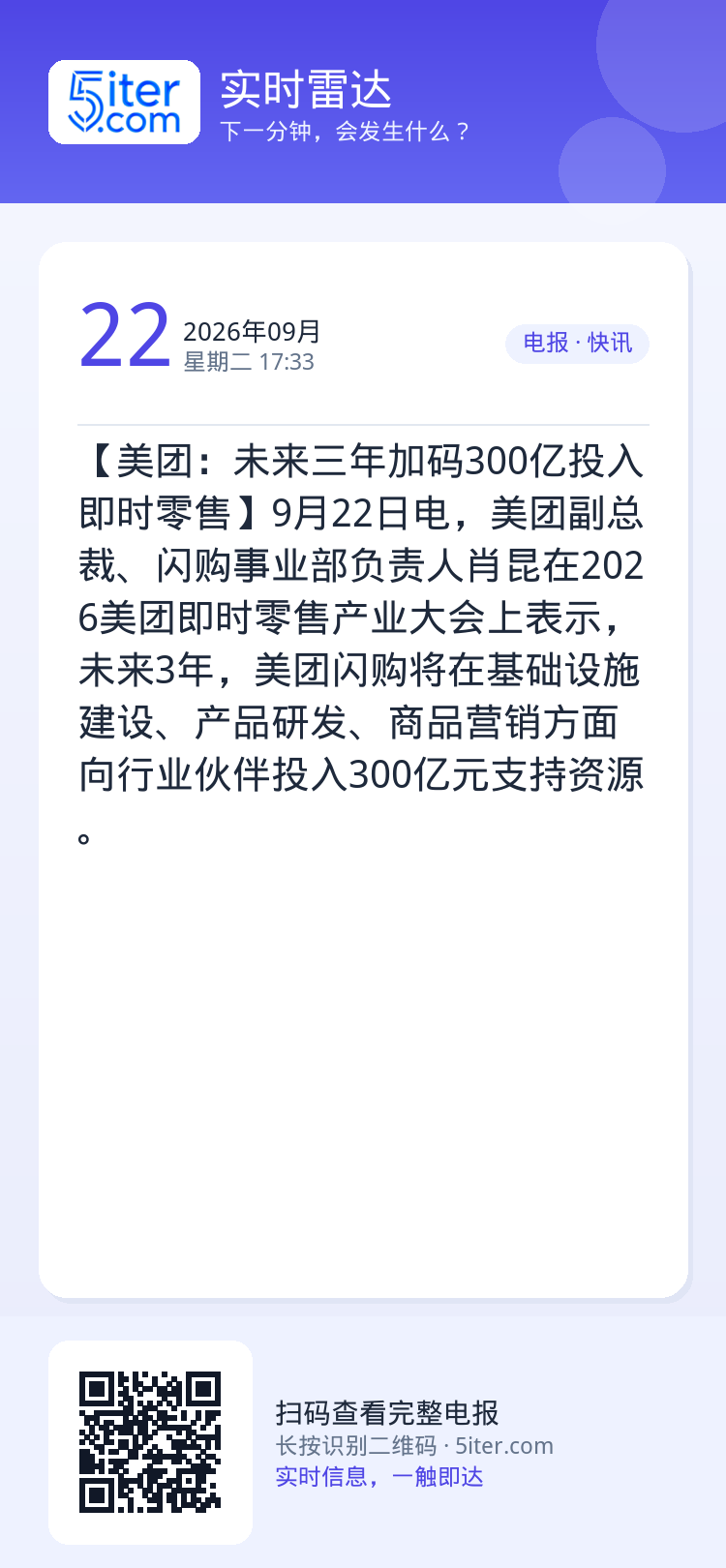 【美团：未来三年加码300亿投入即时零售】9月22日电，美团副总裁、闪购事业部负责人肖昆在2026美团即时零售产业大会上