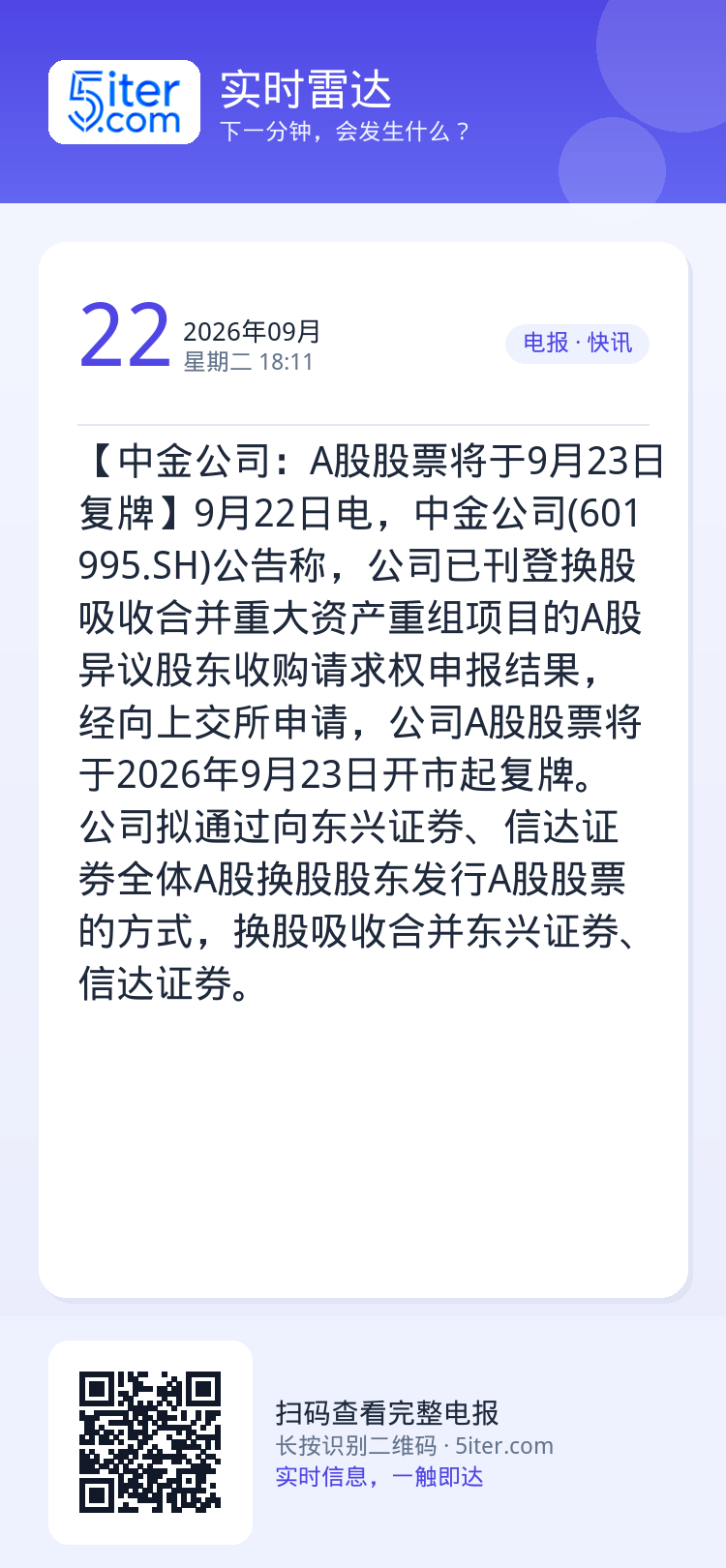 【中金公司：A股股票将于9月23日复牌】9月22日电，中金公司(601995.SH)公告称，公司已刊登换股吸收合并重大资