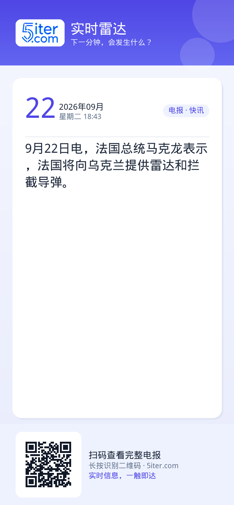 9月22日电，法国总统马克龙表示，法国将向乌克兰提供雷达和拦截导弹。