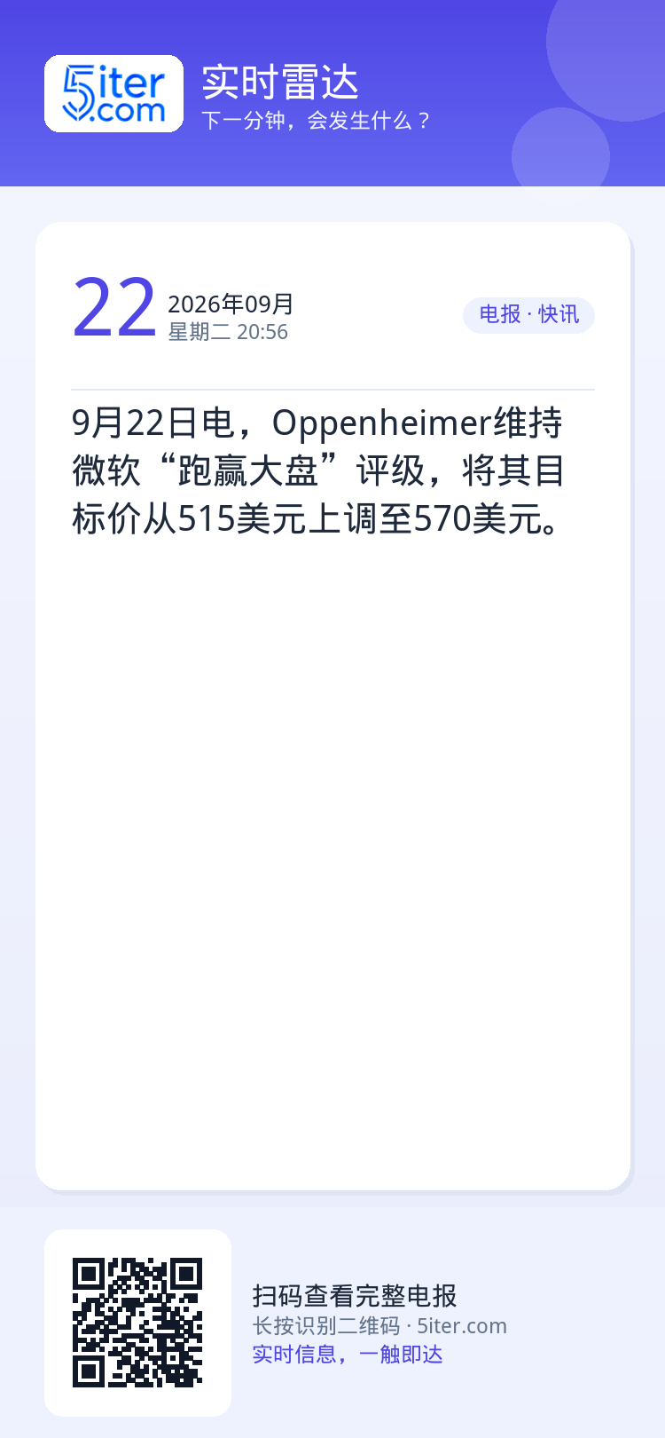 9月22日电，Oppenheimer维持微软“跑赢大盘”评级，将其目标价从515美元上调至570美元。