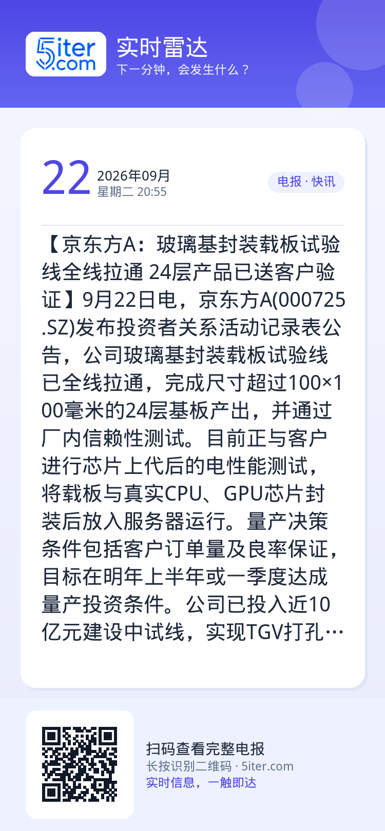 【京东方A：玻璃基封装载板试验线全线拉通 24层产品已送客户验证】9月22日电，京东方A(000725.SZ)发布投资者