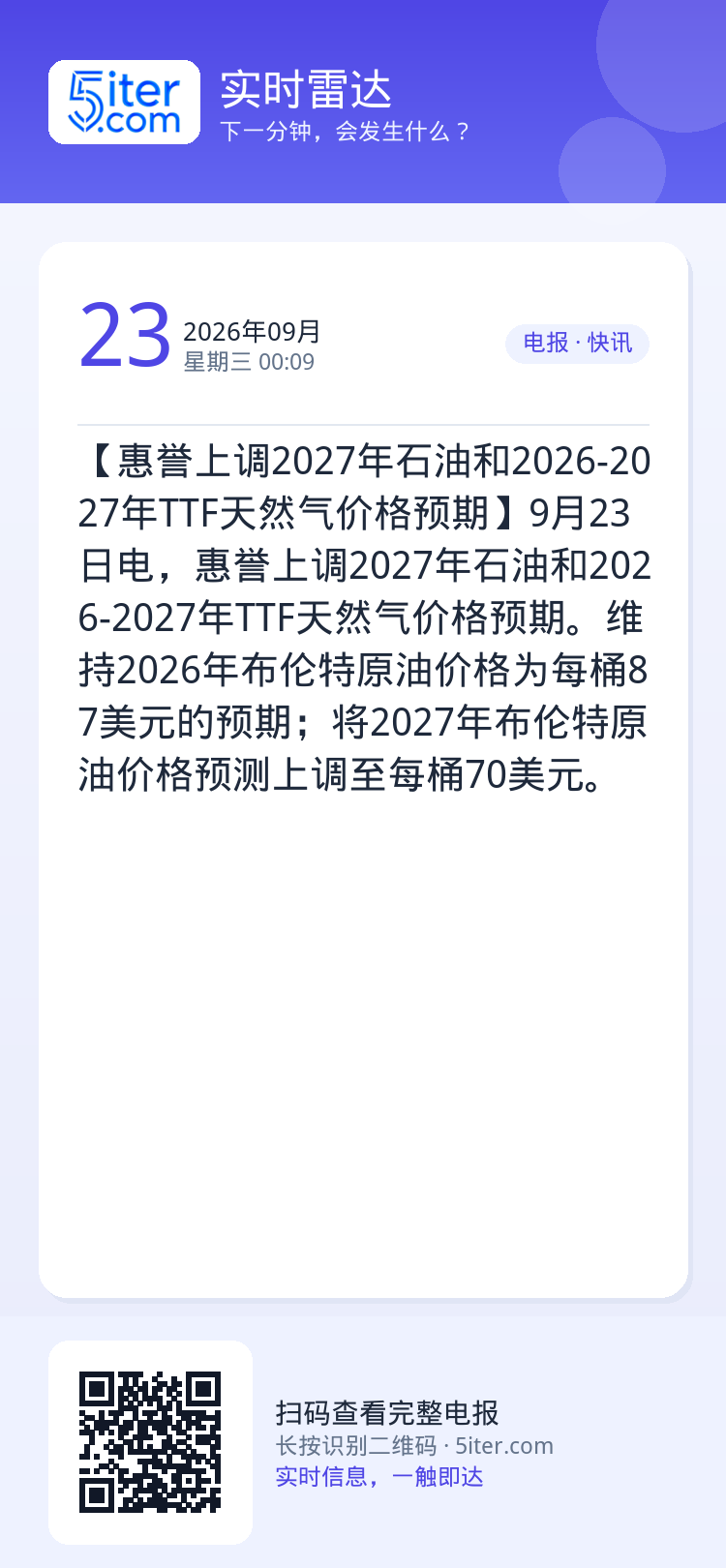 【惠誉上调2027年石油和2026-2027年TTF天然气价格预期】9月23日电，惠誉上调2027年石油和2026-20