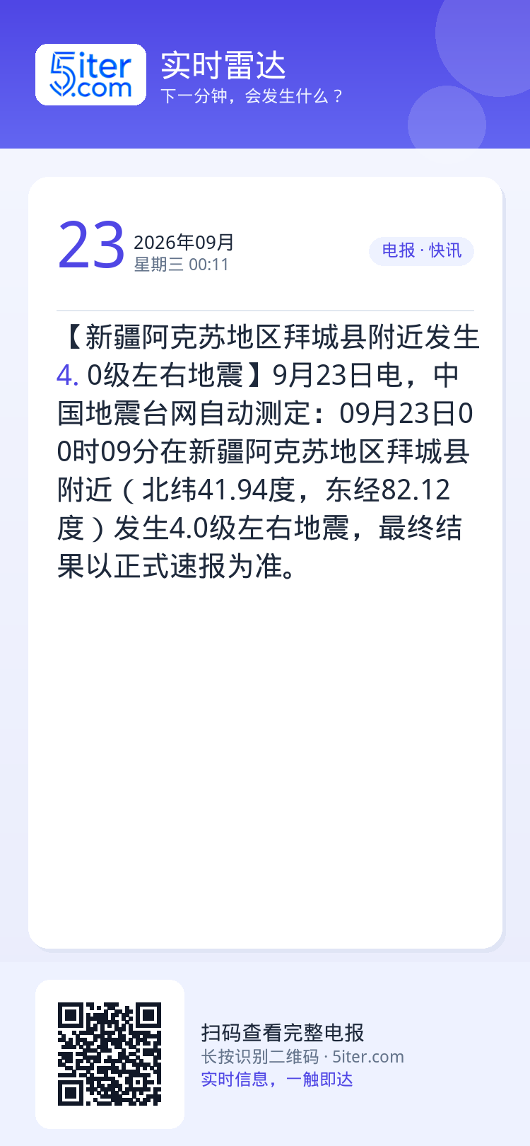 【新疆阿克苏地区拜城县附近发生4.0级左右地震】9月23日电，中国地震台网自动测定：09月23日00时09分在新疆阿克苏