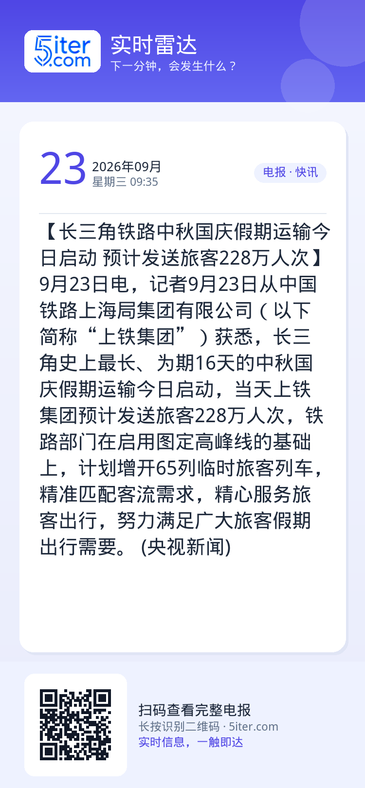 【长三角铁路中秋国庆假期运输今日启动 预计发送旅客228万人次】9月23日电，记者9月23日从中国铁路上海局集团有限公司