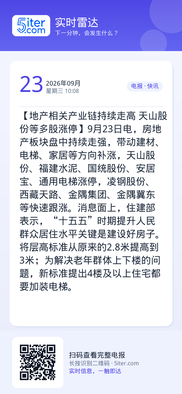 【地产相关产业链持续走高 天山股份等多股涨停】9月23日电，房地产板块盘中持续走强，带动建材、电梯、家居等方向补涨，天山