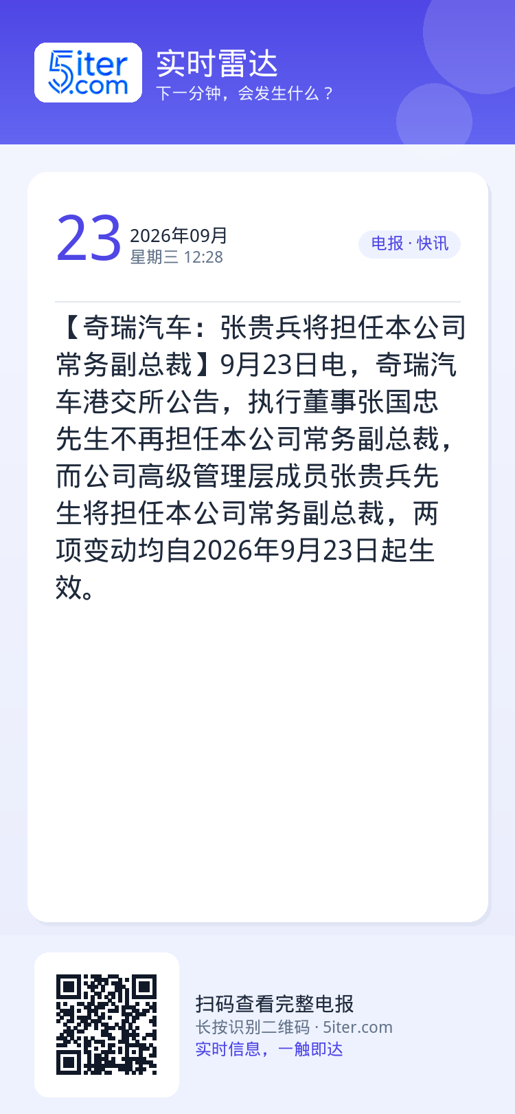 【奇瑞汽车：张贵兵将担任本公司常务副总裁】9月23日电，奇瑞汽车港交所公告，执行董事张国忠先生不再担任本公司常务副总裁，