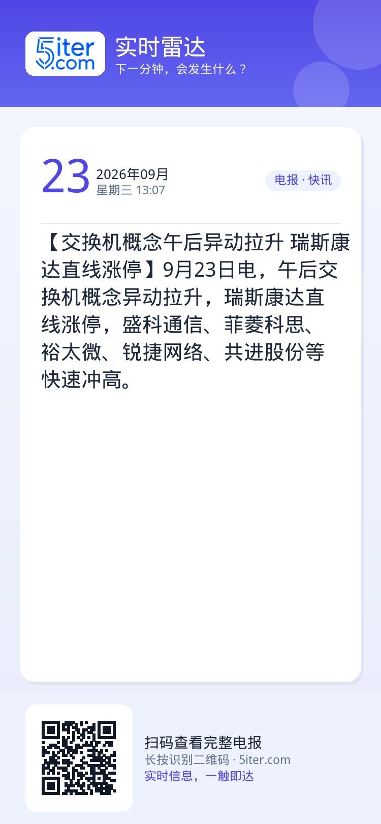 【交换机概念午后异动拉升 瑞斯康达直线涨停】9月23日电，午后交换机概念异动拉升，瑞斯康达直线涨停，盛科通信、菲菱科思、