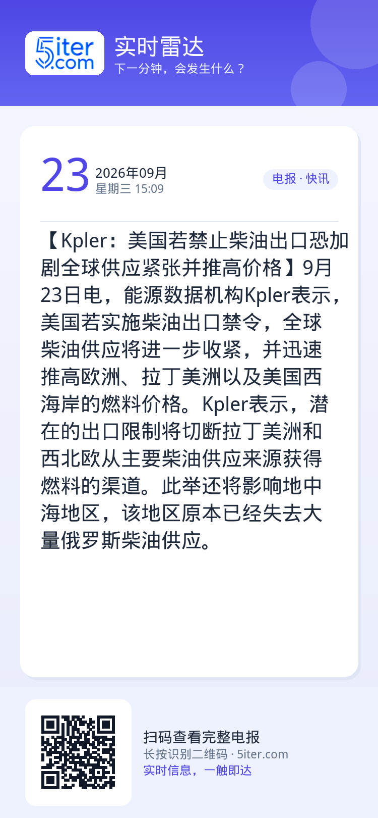 【Kpler：美国若禁止柴油出口恐加剧全球供应紧张并推高价格】9月23日电，能源数据机构Kpler表示，美国若实施柴油出