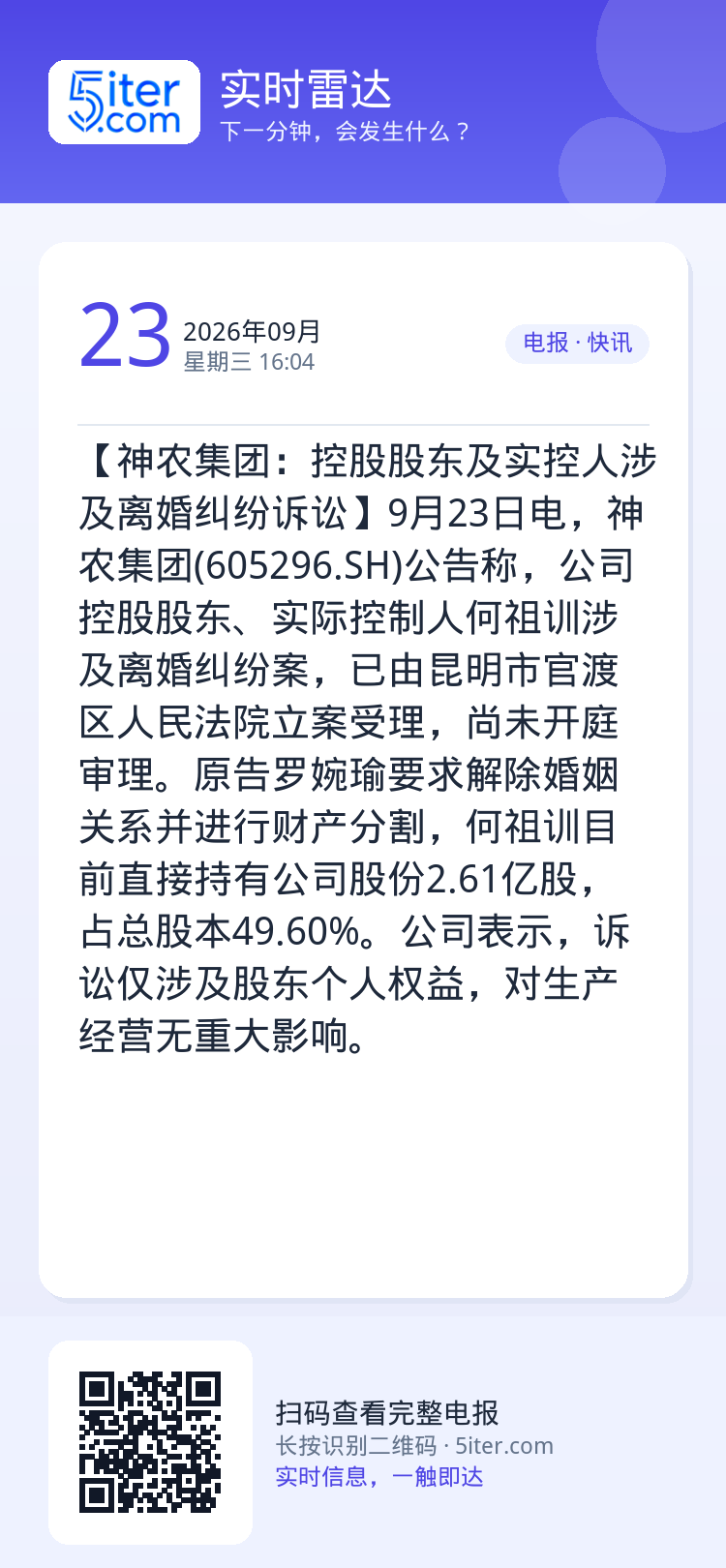 【神农集团：控股股东及实控人涉及离婚纠纷诉讼】9月23日电，神农集团(605296.SH)公告称，公司控股股东、实际控制