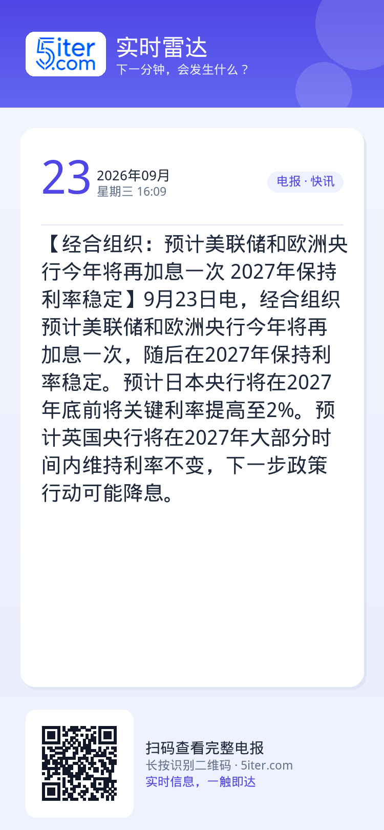 【经合组织：预计美联储和欧洲央行今年将再加息一次 2027年保持利率稳定】9月23日电，经合组织预计美联储和欧洲央行今年