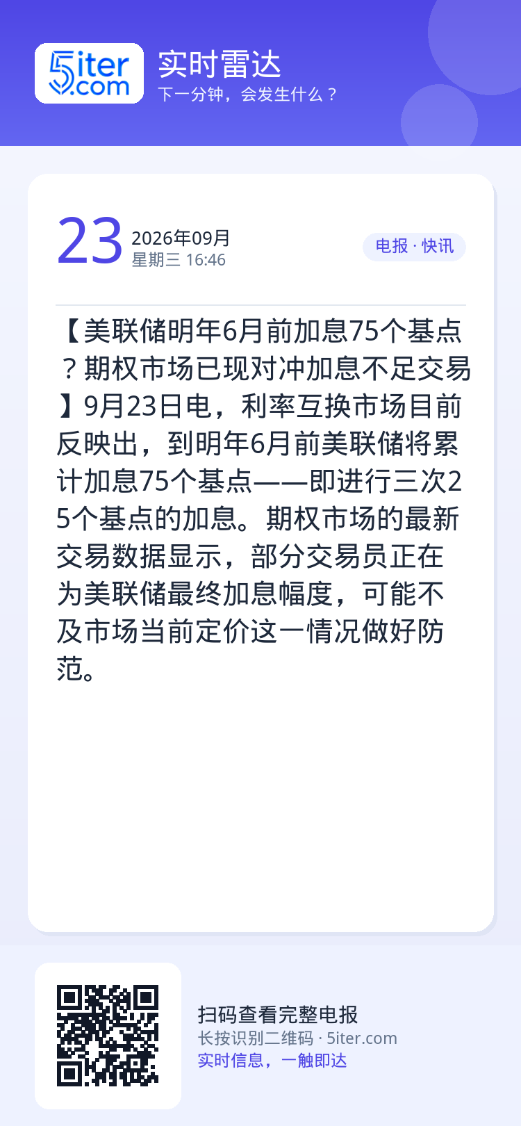 【美联储明年6月前加息75个基点？期权市场已现对冲加息不足交易】9月23日电，利率互换市场目前反映出，到明年6月前美联储