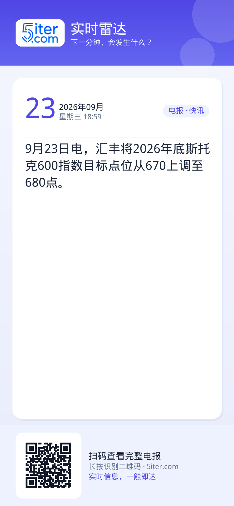 9月23日电，汇丰将2026年底斯托克600指数目标点位从670上调至680点。