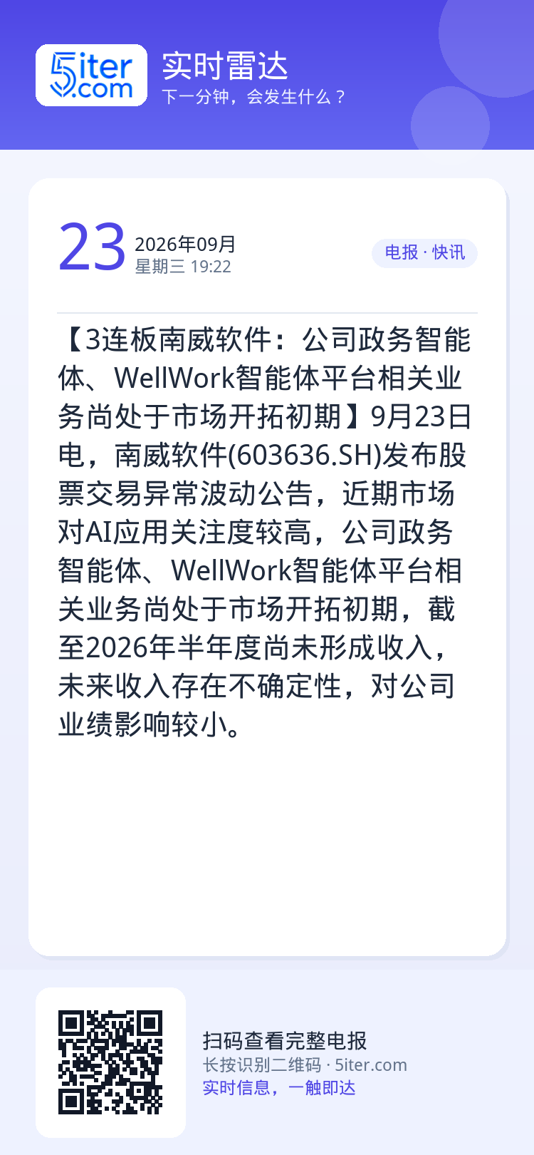 【3连板南威软件：公司政务智能体、WellWork智能体平台相关业务尚处于市场开拓初期】9月23日电，南威软件(6036