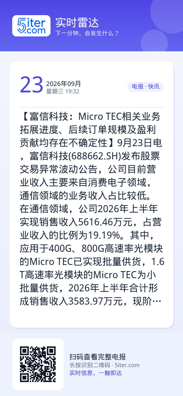 【富信科技：Micro TEC相关业务拓展进度、后续订单规模及盈利贡献均存在不确定性】9月23日电，富信科技(68866