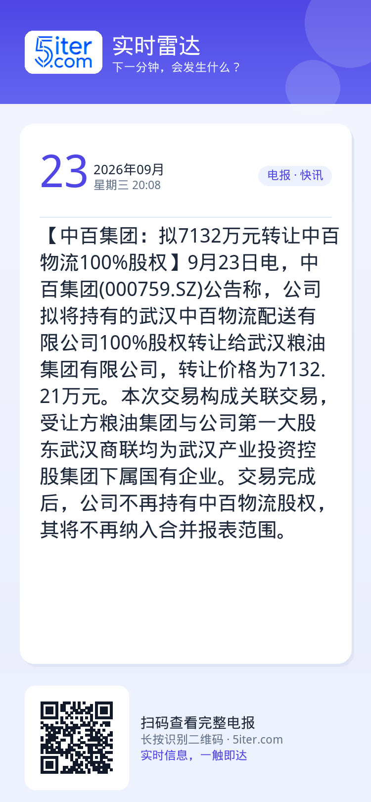 【中百集团：拟7132万元转让中百物流100%股权】9月23日电，中百集团(000759.SZ)公告称，公司拟将持有的武