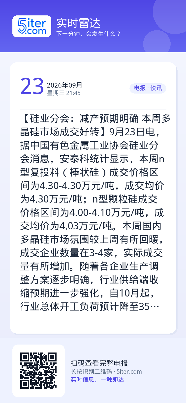 【硅业分会：减产预期明确 本周多晶硅市场成交好转】9月23日电，据中国有色金属工业协会硅业分会消息，安泰科统计显示，本周