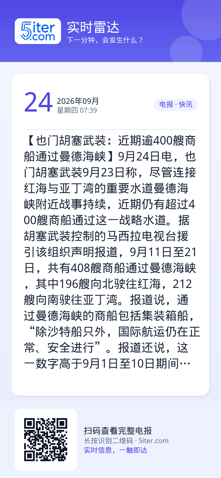 【也门胡塞武装：近期逾400艘商船通过曼德海峡】9月24日电，也门胡塞武装9月23日称，尽管连接红海与亚丁湾的重要水道曼