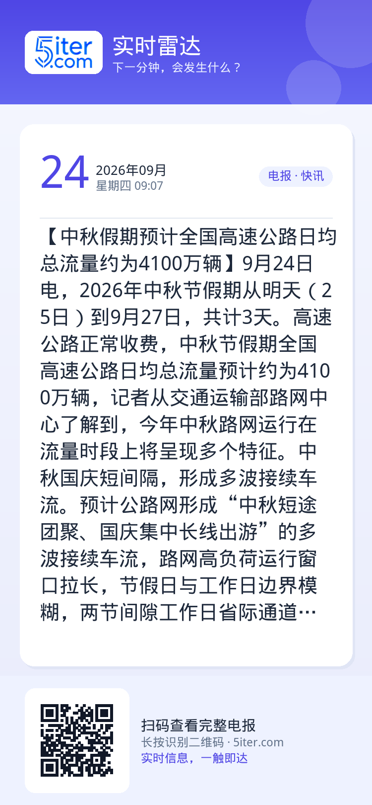【中秋假期预计全国高速公路日均总流量约为4100万辆】9月24日电，2026年中秋节假期从明天（25日）到9月27日，共