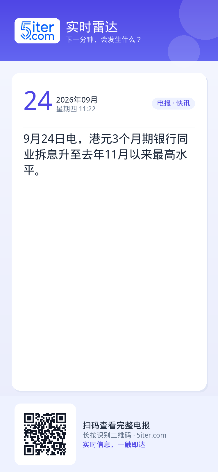 9月24日电，港元3个月期银行同业拆息升至去年11月以来最高水平。