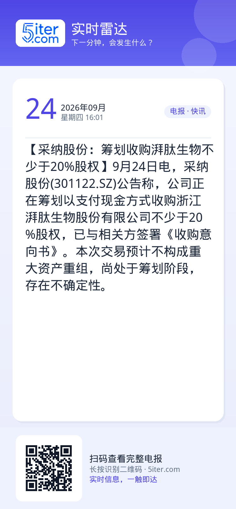 【采纳股份：筹划收购湃肽生物不少于20%股权】9月24日电，采纳股份(301122.SZ)公告称，公司正在筹划以支付现金