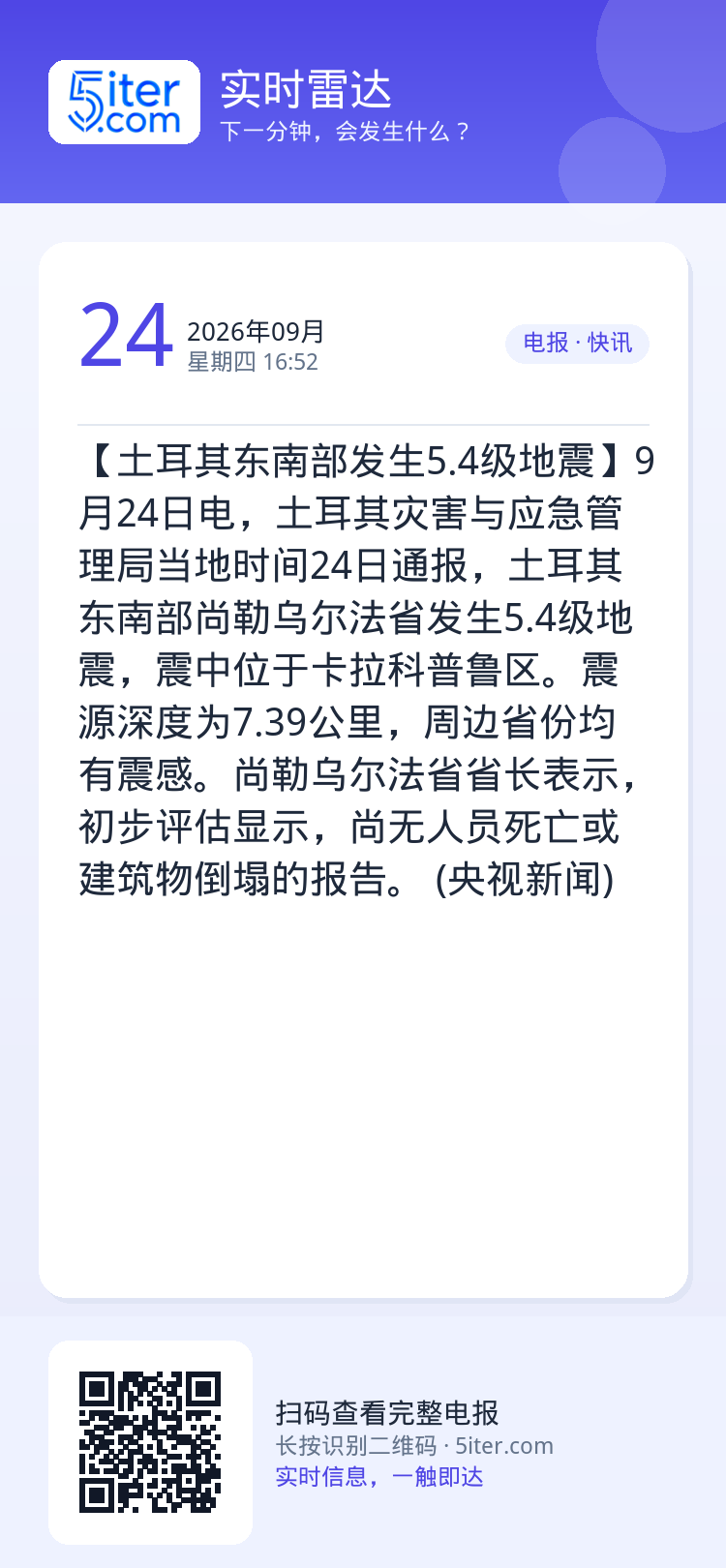 【土耳其东南部发生5.4级地震】9月24日电，土耳其灾害与应急管理局当地时间24日通报，土耳其东南部尚勒乌尔法省发生5.