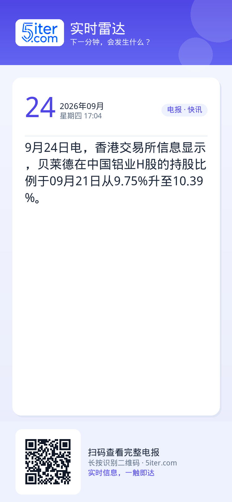 9月24日电，香港交易所信息显示，贝莱德在中国铝业H股的持股比例于09月21日从9.75%升至10.39%。
