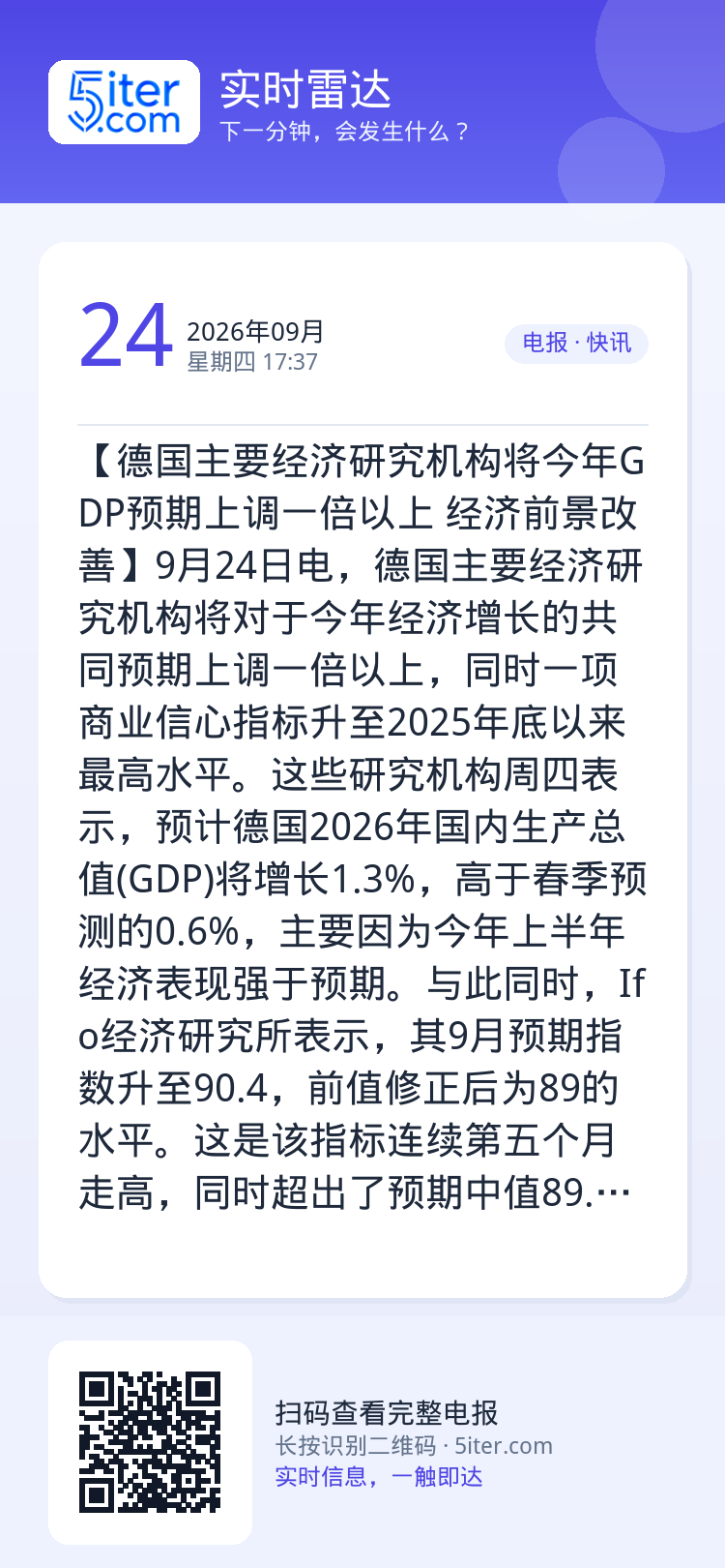 【德国主要经济研究机构将今年GDP预期上调一倍以上 经济前景改善】9月24日电，德国主要经济研究机构将对于今年经济增长的