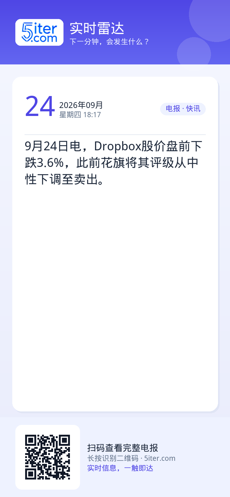 9月24日电，Dropbox股价盘前下跌3.6%，此前花旗将其评级从中性下调至卖出。