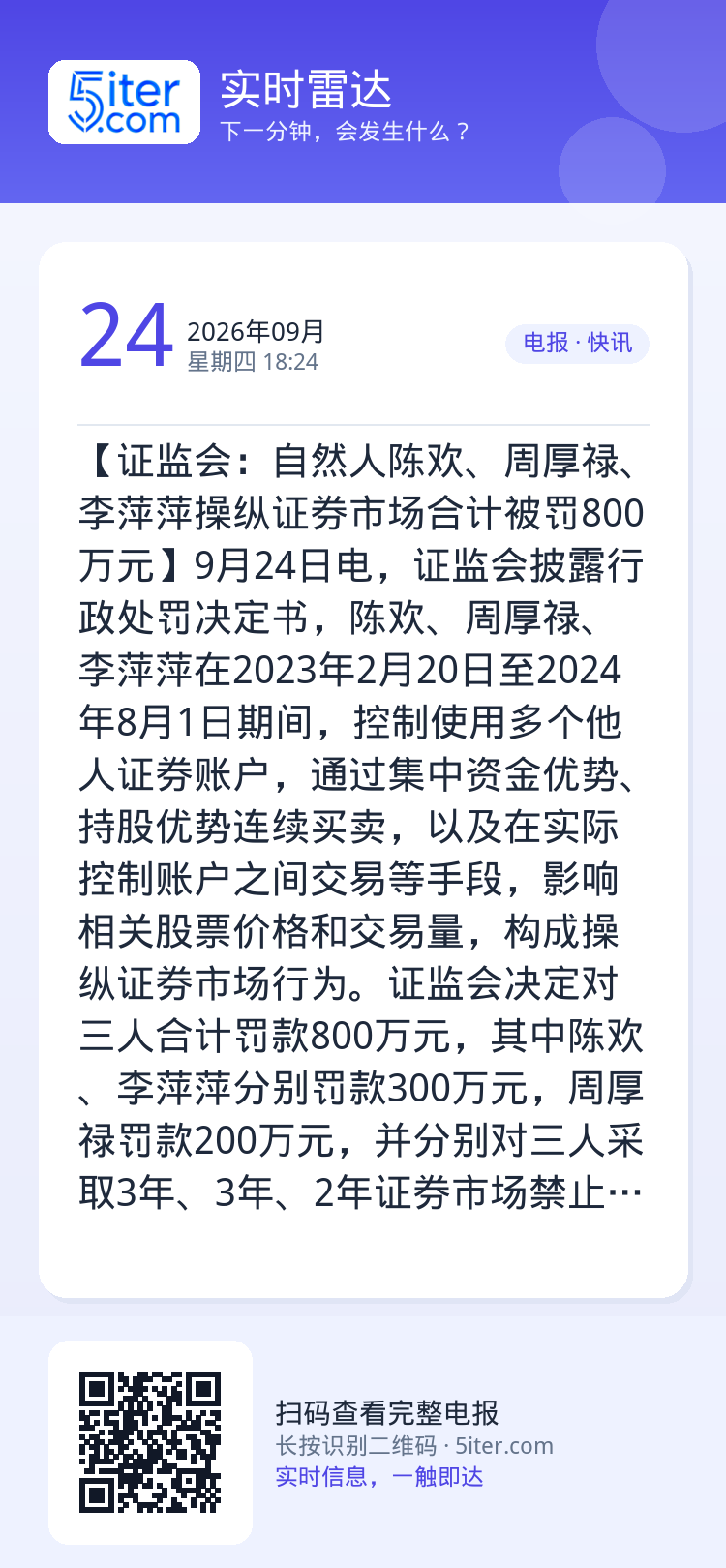 【证监会：自然人陈欢、周厚禄、李萍萍操纵证券市场合计被罚800万元】9月24日电，证监会披露行政处罚决定书，陈欢、周厚禄
