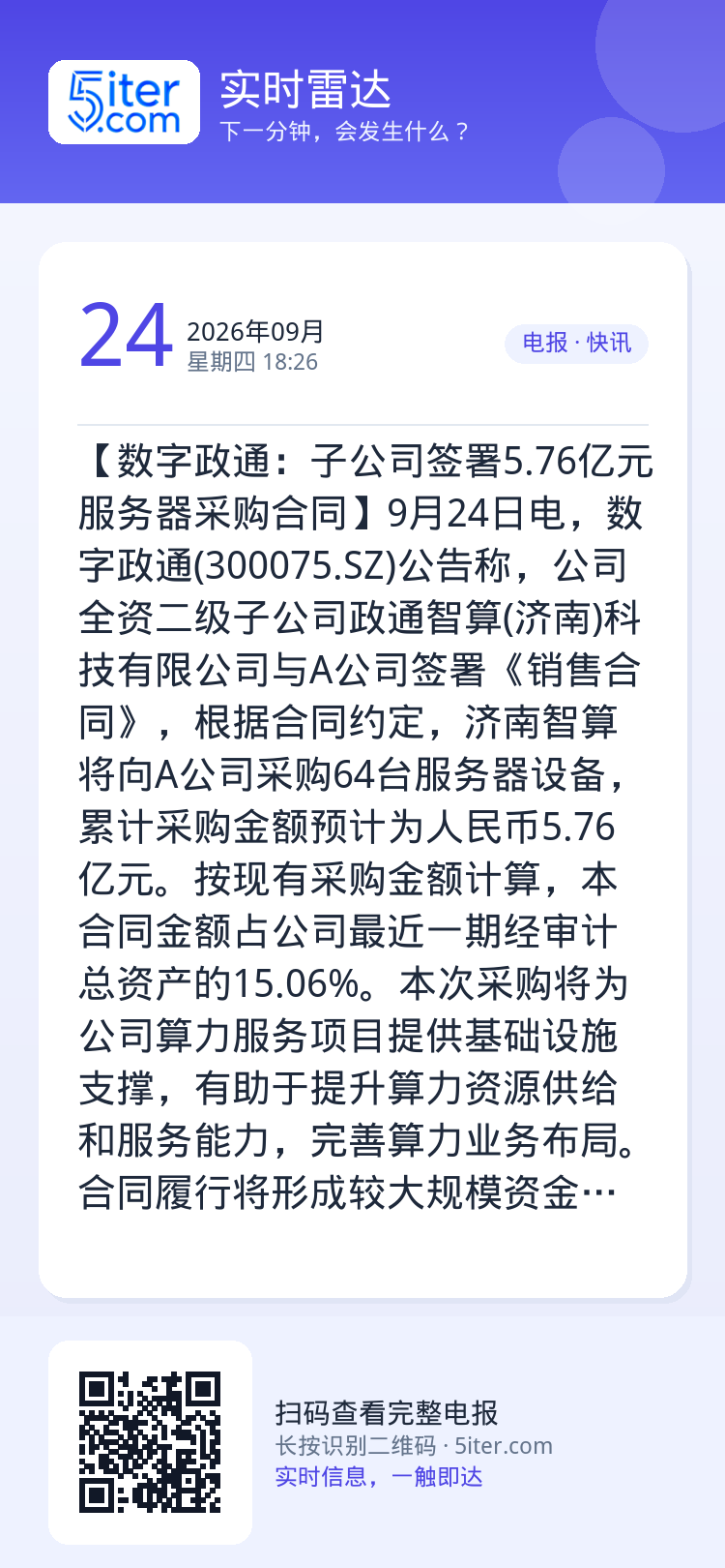 【数字政通：子公司签署5.76亿元服务器采购合同】9月24日电，数字政通(300075.SZ)公告称，公司全资二级子公司