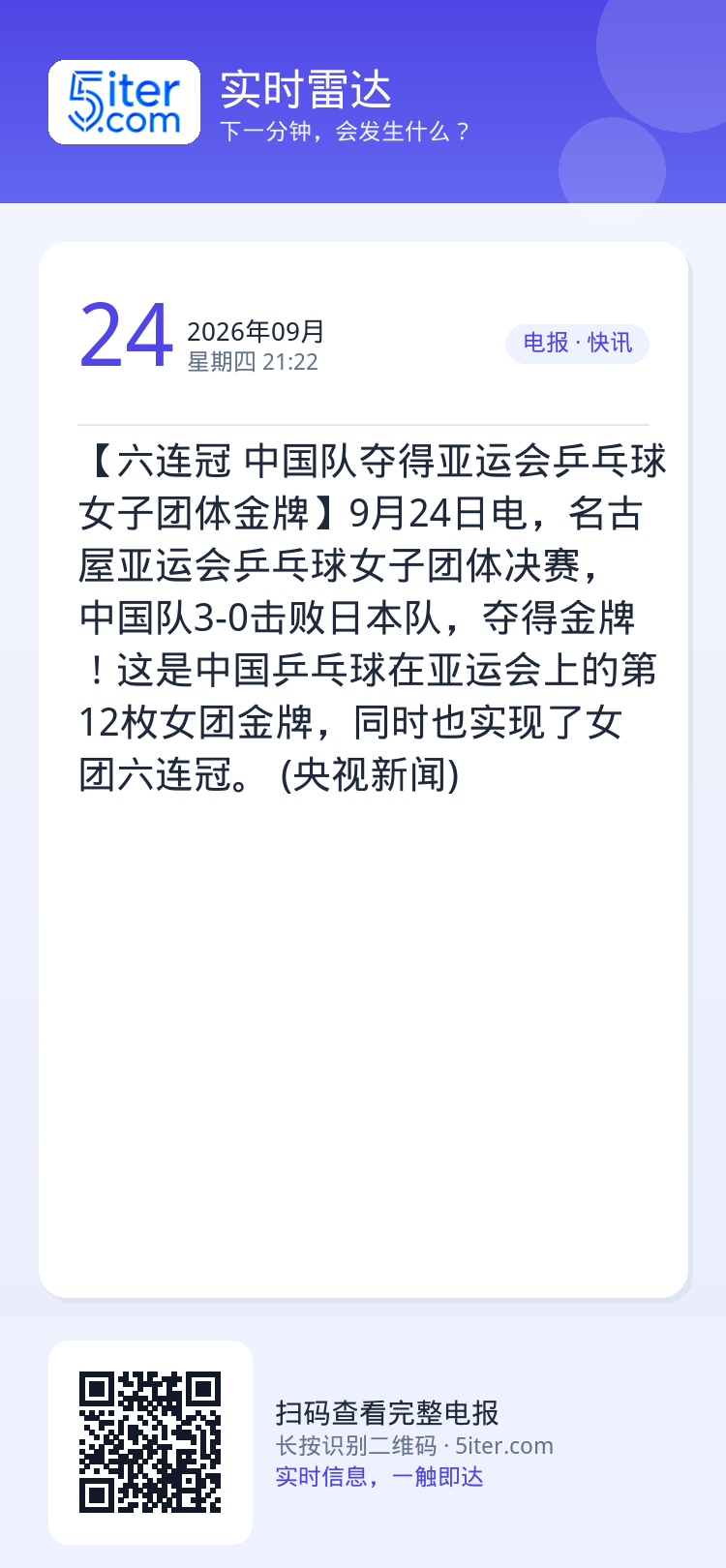 【六连冠 中国队夺得亚运会乒乓球女子团体金牌】9月24日电，名古屋亚运会乒乓球女子团体决赛，中国队3-0击败日本队，夺得