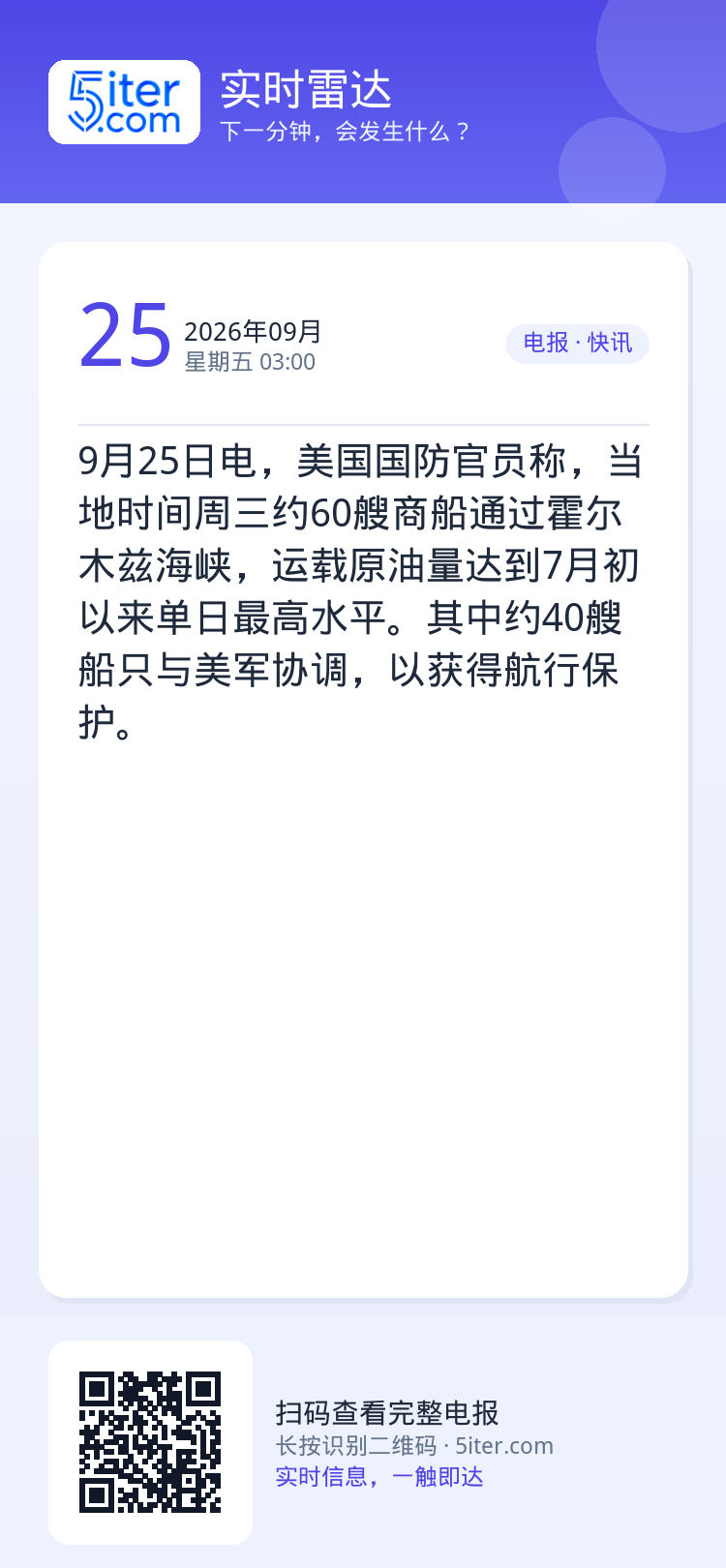 9月25日电，美国国防官员称，当地时间周三约60艘商船通过霍尔木兹海峡，运载原油量达到7月初以来单日最高水平。其中约40