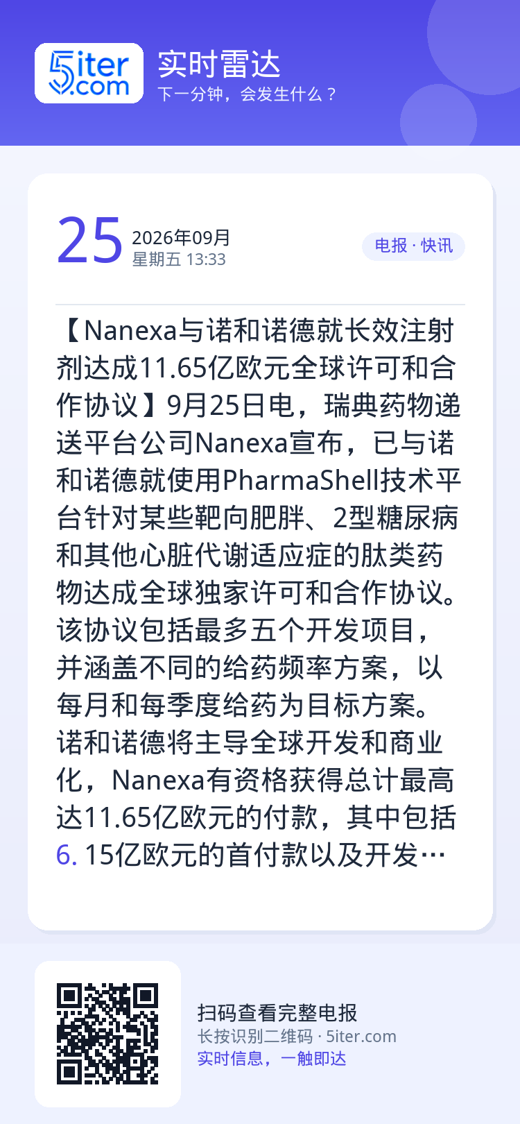 【Nanexa与诺和诺德就长效注射剂达成11.65亿欧元全球许可和合作协议】9月25日电，瑞典药物递送平台公司Nanex