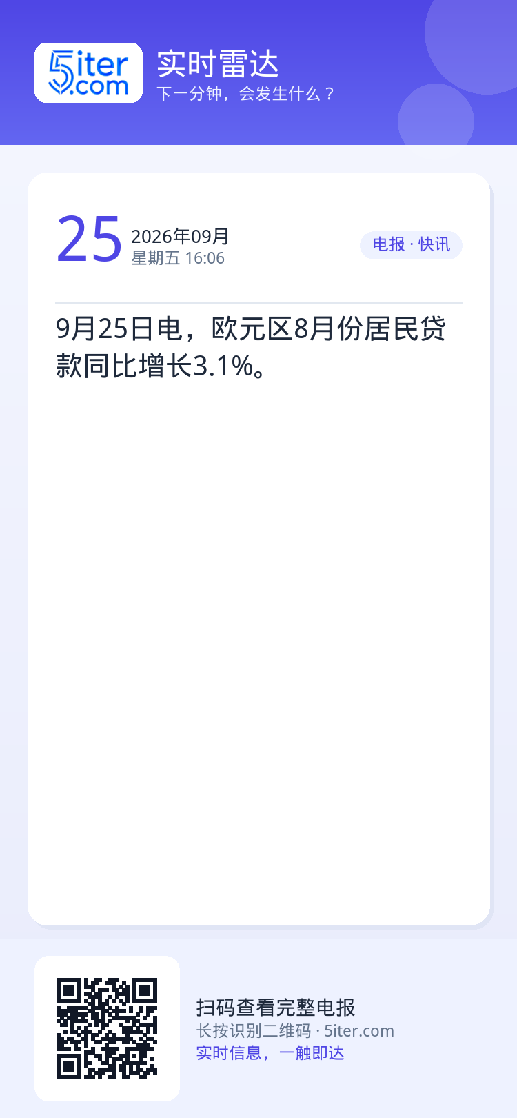 9月25日电，欧元区8月份居民贷款同比增长3.1%。