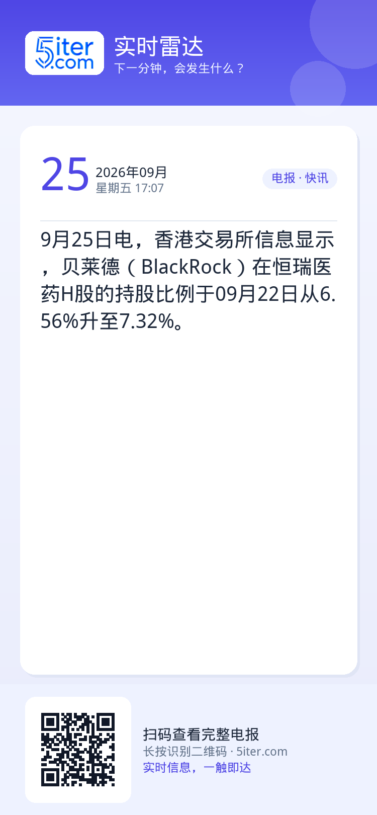 9月25日电，香港交易所信息显示，贝莱德（BlackRock）在恒瑞医药H股的持股比例于09月22日从6.56%升至7.